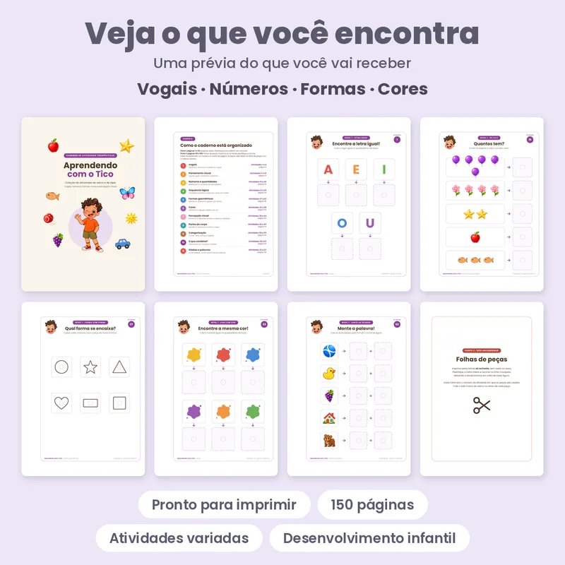 Prévia oficial de Aprendendo com o Tico: atividades de velcro e de lápis, com páginas do material