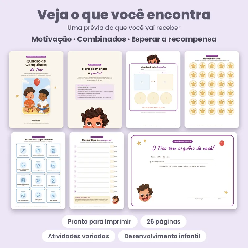 Prévia oficial de Quadro de Conquistas do Tico, com páginas do material