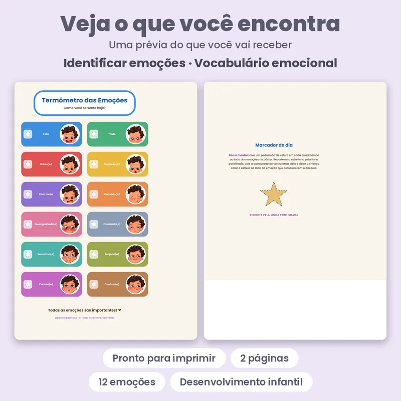 Prévia oficial de Termômetro das Emoções do Tico (cartaz), com páginas do material