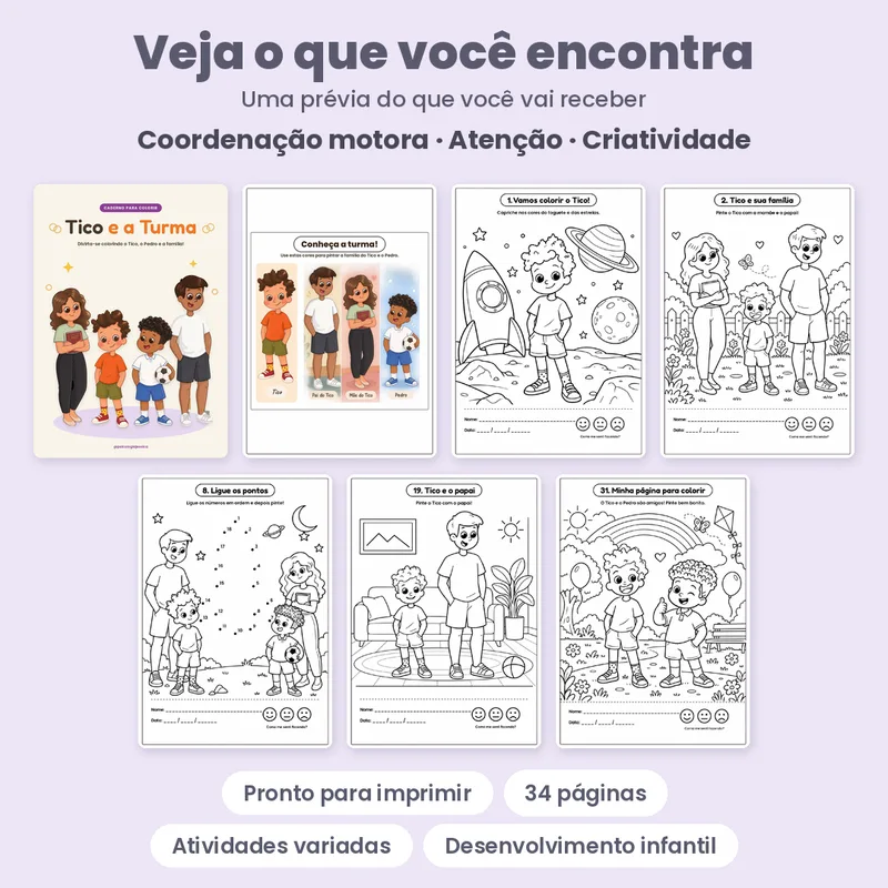Prévia oficial de Tico e a Turma: caderno para colorir, com páginas do material