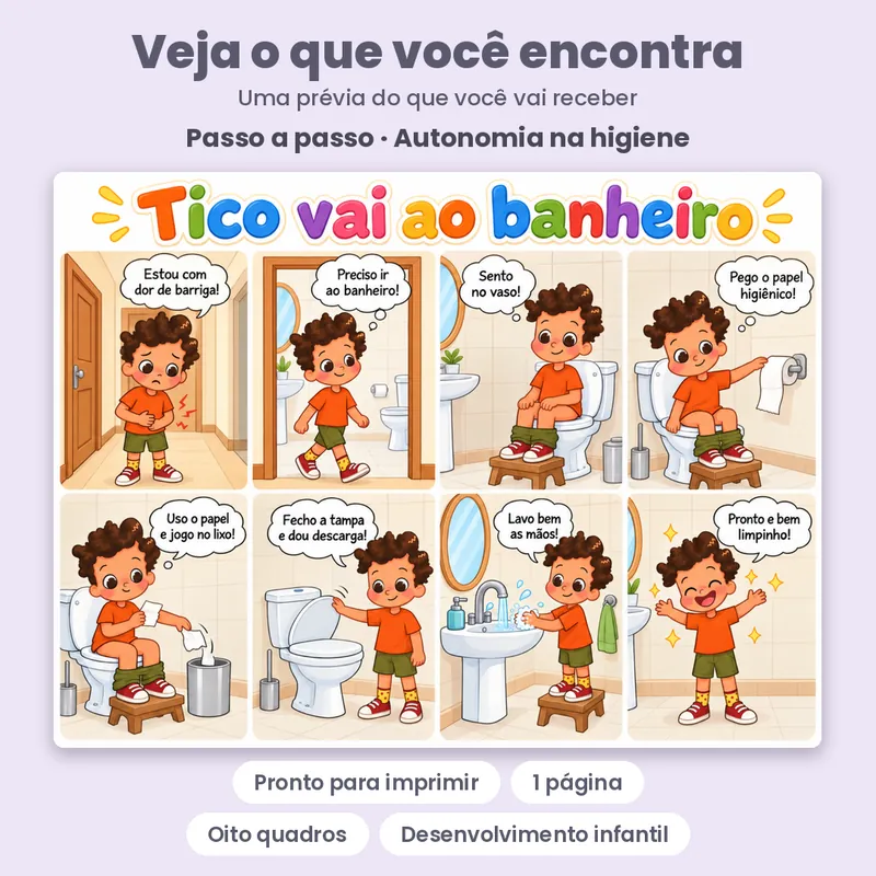 Prévia oficial de Tico vai ao banheiro, com páginas do material