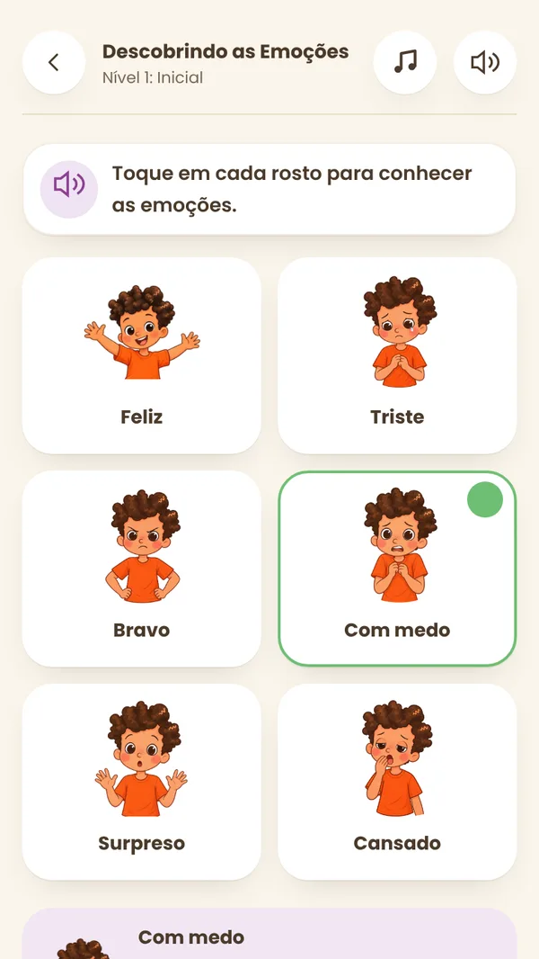 Tela real da atividade Descobrindo as Emoções